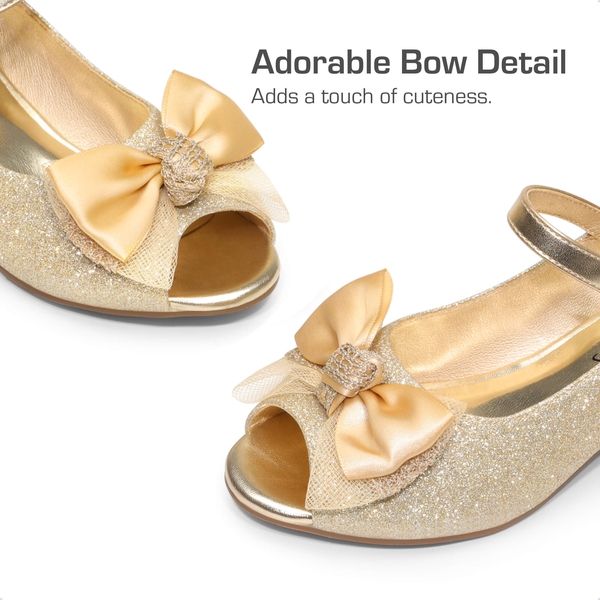 Girls' Bow Flower Low Heel Dress Shoes  - GOLD-GLITTER - 4